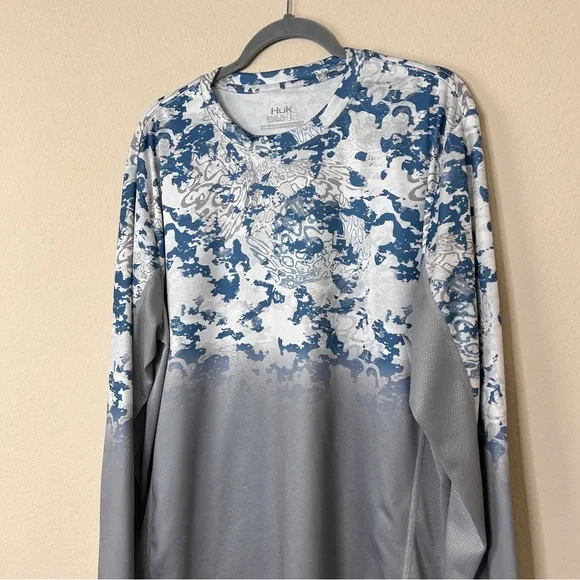 Huk Fishing Men's Icon X Tide Change Fade Long Sleeve Shirt Exuma Blue Size L - Picture 2 of 7